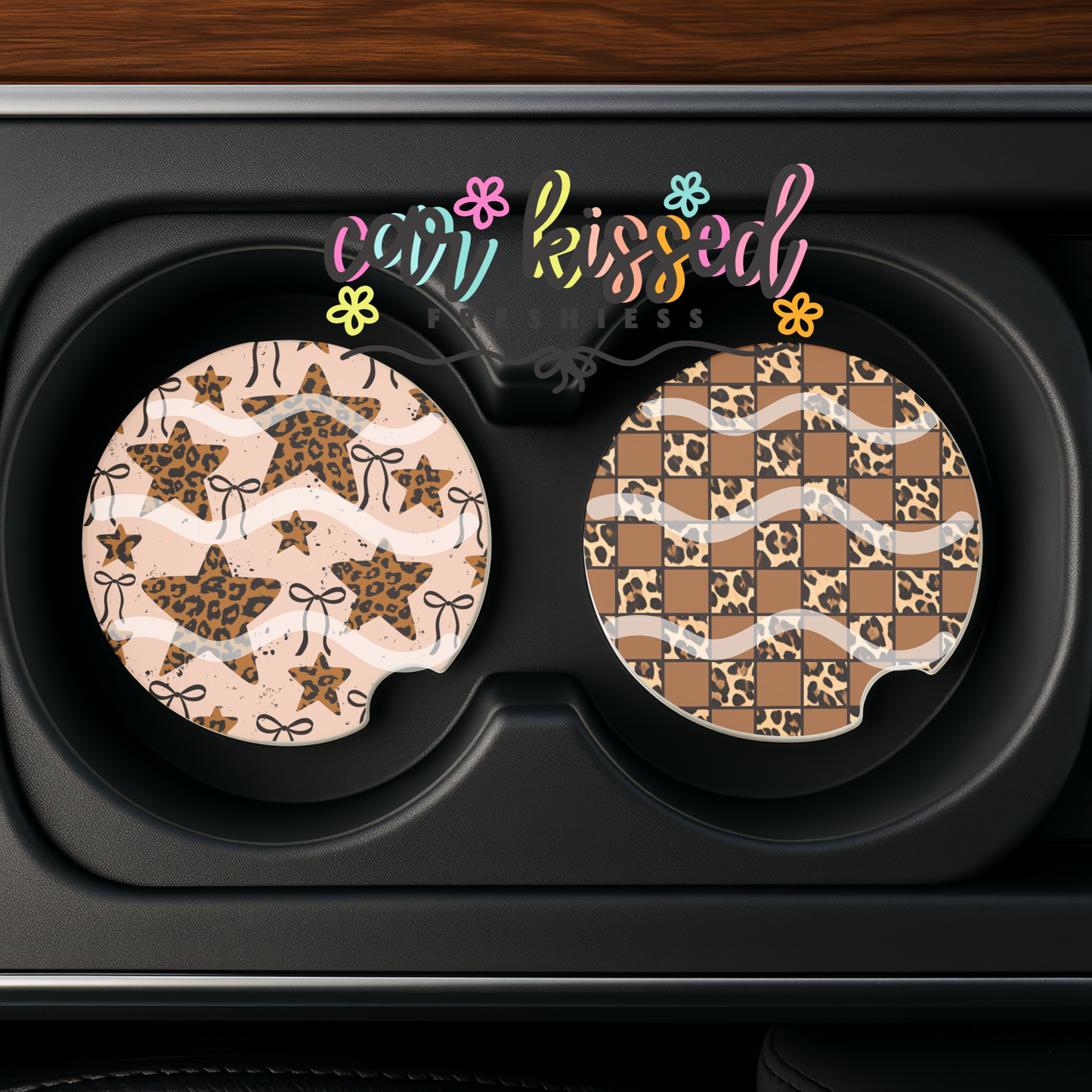 Leopard Stars + Checkered Mix Car Coaster Set