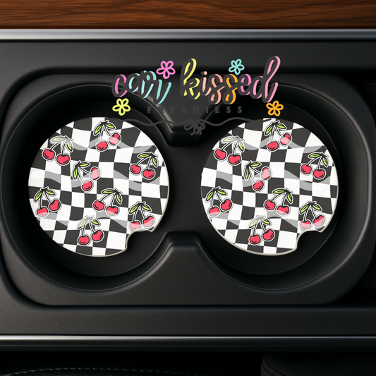 Checkered Cherries Car Coaster Set