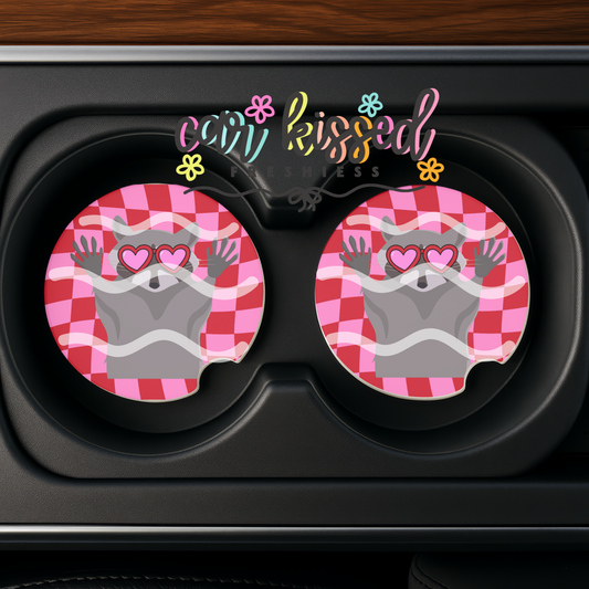 Checkered Raccoon Car Coaster Set