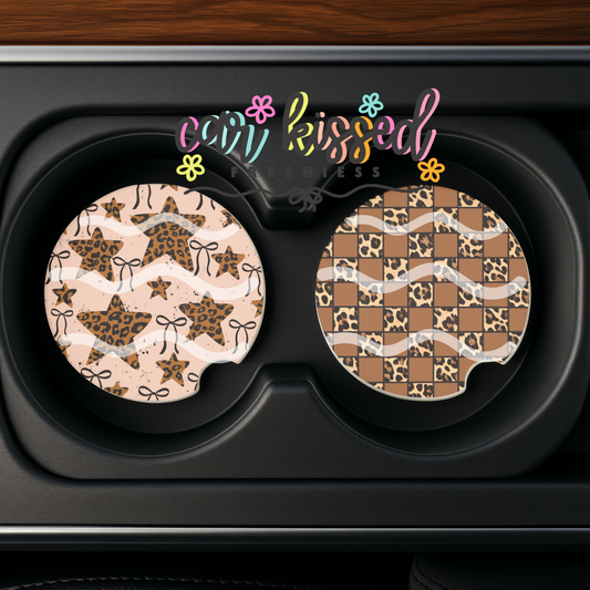 Leopard Stars + Checkered Mix Car Coaster Set